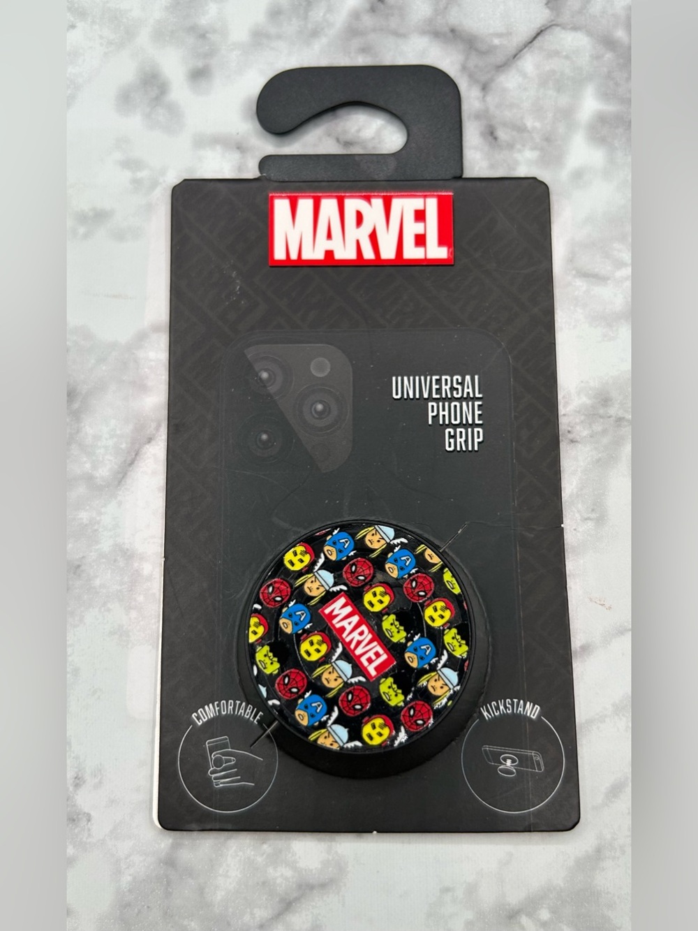 MARVEL Spinpop Phone Grip - Pattern of Cute Mini Superhero Character Icons.
